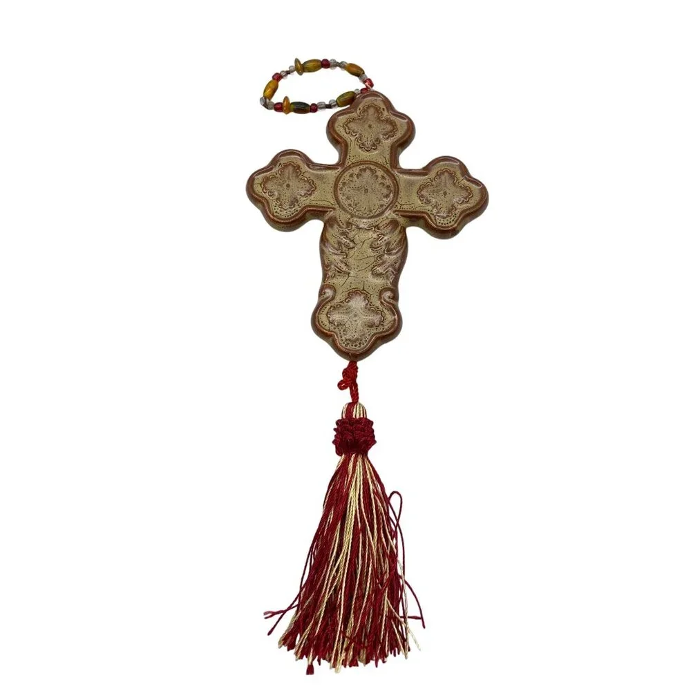 Ceramic hand made hanging cross ornaments hand painted Mexican‎ pottery